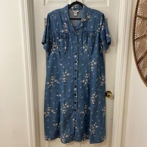 Robbie Bee 16W  Vintage Floral Denim Maxi Shirt Dress Blue Cottagecore Teacher